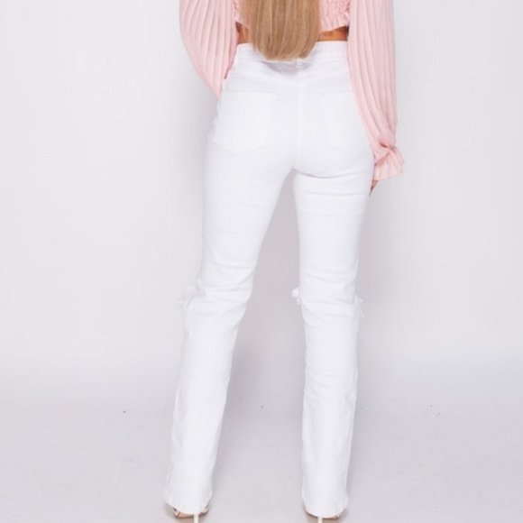 White High Waist Ripped Distressed Straight Leg Jeans Denim Pants - Picture 3 of 8